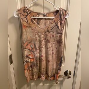 XCIT USA Top L Tank Sleeve Blouse Rhinestone Bling Large Shirt Lg Floral